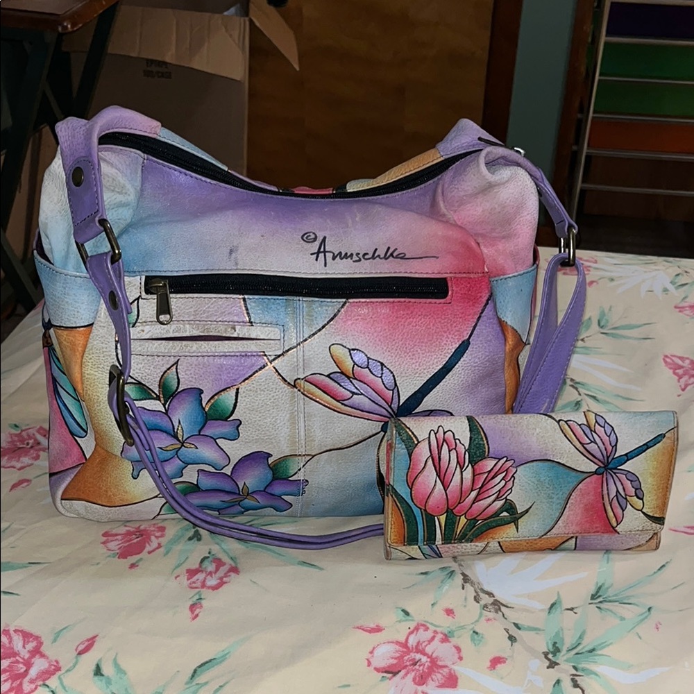 Anuschka vintage Large leather bag and wallet set great condition